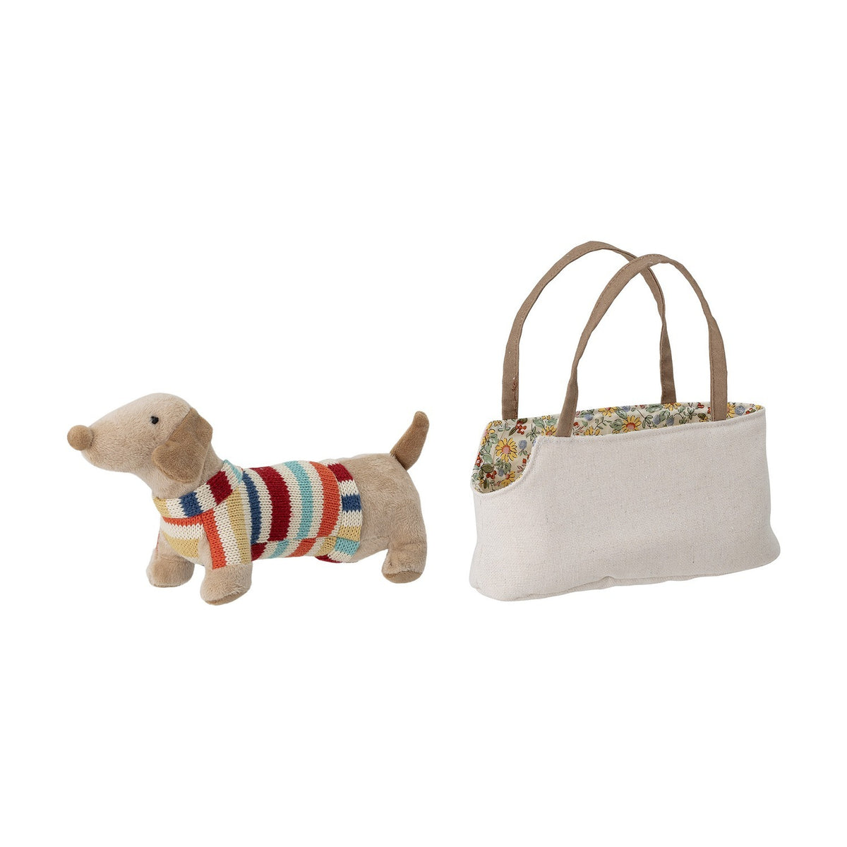 Hilena Soft Toys Set of 2 - plush sausage dog in a multicoloured striped knitted jumper beside a cream fabric tote bag with floral lining and handles, on a white background.