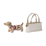 Hilena Soft Toys Set of 2 - plush sausage dog in a multicoloured striped knitted jumper beside a cream fabric tote bag with floral lining and handles, on a white background.