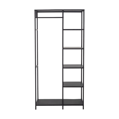 Valde Iron Clothes Rail in black metal, with an open hanging rail on one side and a tower of five shelves on the other, plus a floor-level shelf beneath both, shown on a plain white background.