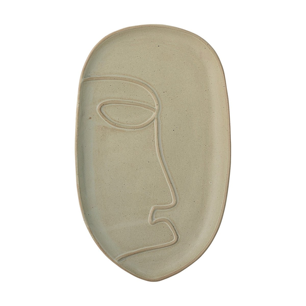 Ngan Stoneware Tray in muted green, an oval ceramic dish with a raised rim and a single-line face design in profile, shown on a plain white background.