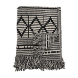 Gutte Geometric Throw in black and cream, woven with diamond and checked patterns, finished with thick fringe edges, folded against a plain white background.