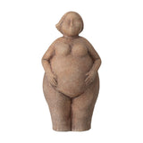 Sidsel Terracotta Ornament in brown, a standing female figurine with full curves, rounded belly, hands resting on it, and short swept hair, shown on a plain white background.