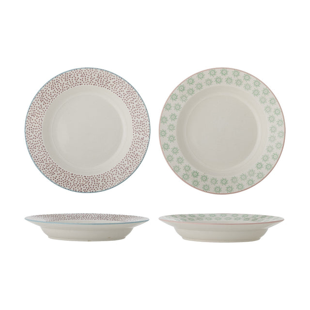 Patrizia stoneware deep plates set of 2, cream with wide rims in dotted brown and floral green patterns edged with blue and pink lines, shown front and side view on a white background.