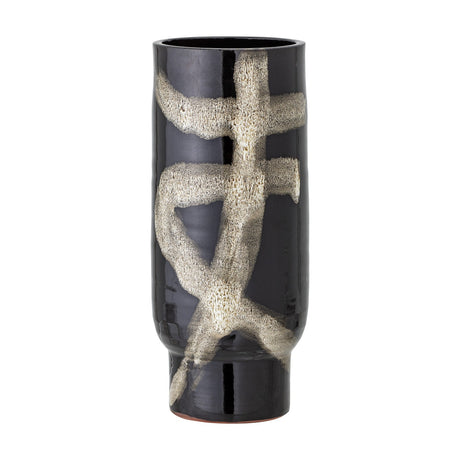 Vefa Terracotta Vase 28.5cm in black, tall cylindrical shape with a stepped narrow foot, glossy finish and abstract cream brushstroke pattern, shown on a plain white background.