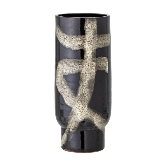 Vefa Terracotta Vase 28.5cm in black, tall cylindrical shape with a stepped narrow foot, glossy finish and abstract cream brushstroke pattern, shown on a plain white background.