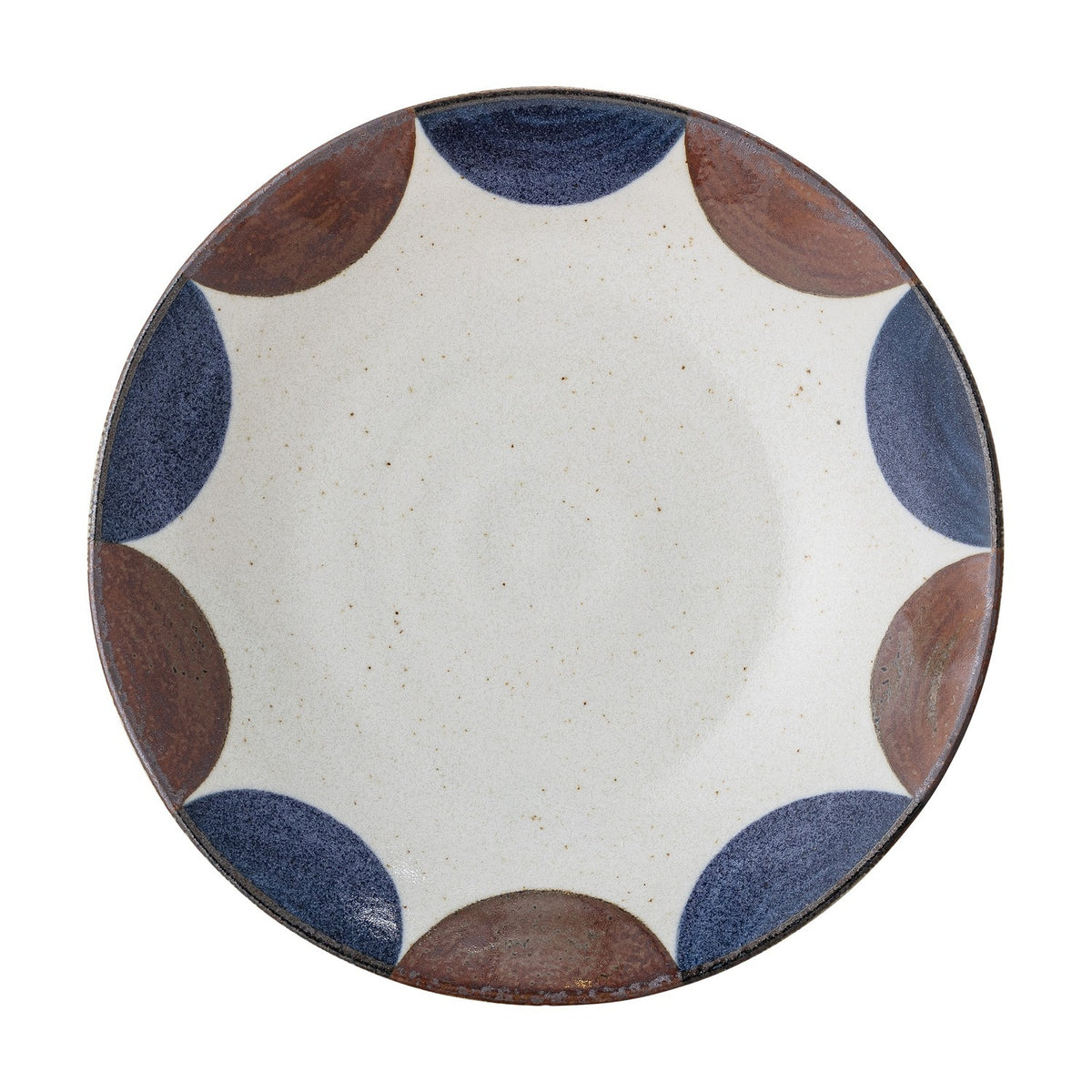Camellia Porcelain Deep Plate in Multi, round ceramic design with a rustic rim pattern of alternating blue and brown semicircles on a cream glaze, shown on a plain white background.