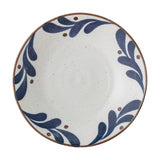 Camellia Porcelain Deep Plate 22cm in Blue, round rustic design with hand-painted blue leaf motifs and dot accents along a brown rim, set on a plain white background.