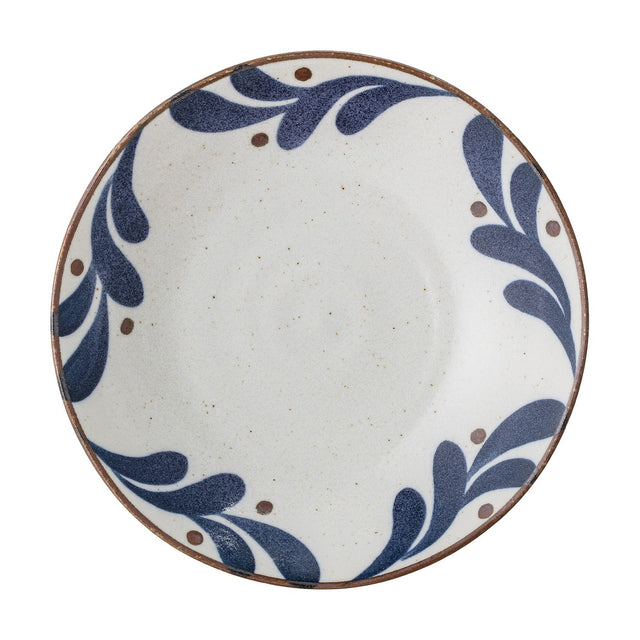 Camellia Porcelain Deep Plate 22cm in Blue, round rustic design with hand-painted blue leaf motifs and dot accents along a brown rim, set on a plain white background.