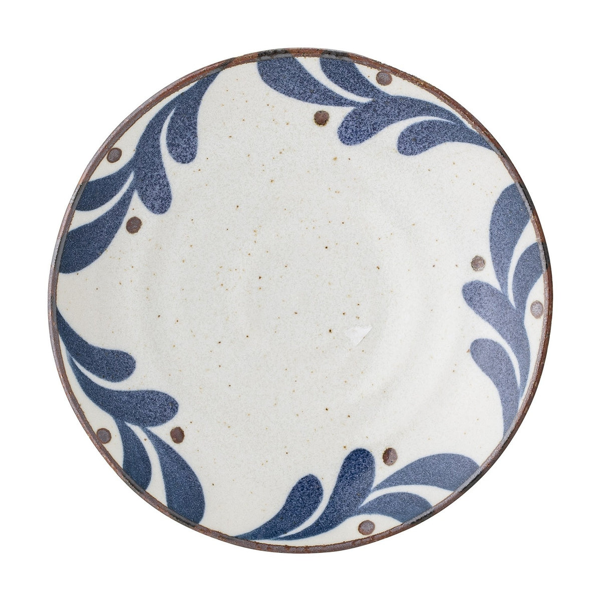 Camellia Porcelain Plate in cream, a small round side plate with speckled surface, blue leaf border and dots, dark rim line, on a plain white background.