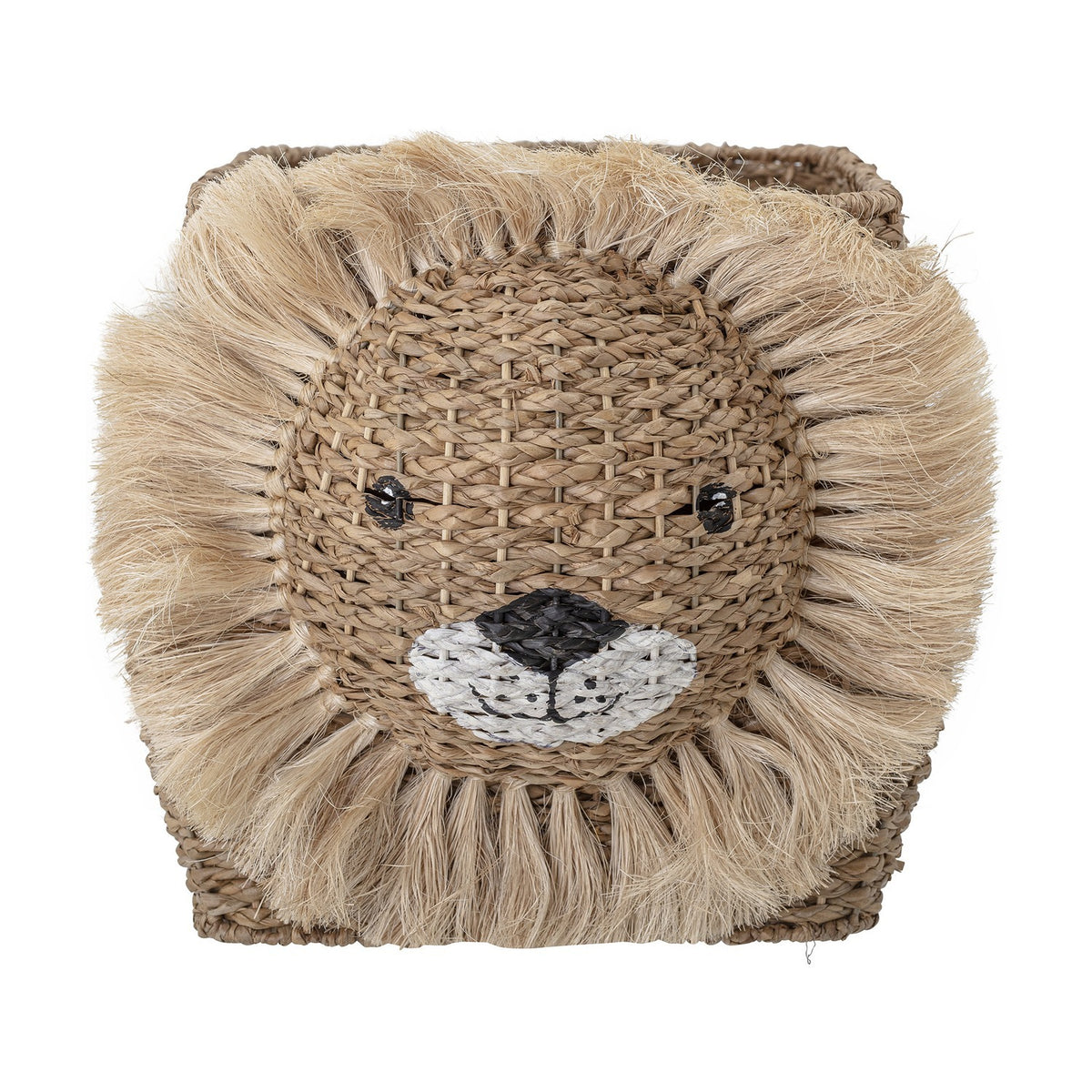Harrison Basket in beige woven bankuan grass, shaped like a lion's face with a fringed mane, embroidered eyes and nose, shown against a plain white background.