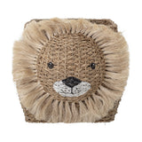 Harrison Basket in beige woven bankuan grass, shaped like a lion's face with a fringed mane, embroidered eyes and nose, shown against a plain white background.