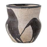 Nala Terracotta Plant Pot in black, a rounded vessel with pinched neck and flared black-edged rim, sandy speckled clay with hand-painted leaf-like black brushstrokes, on a plain white background.