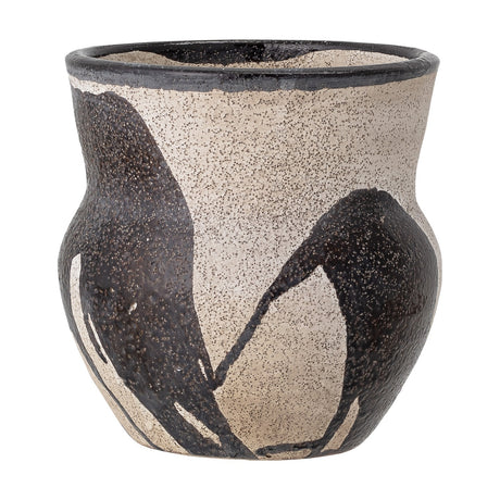 Nala Terracotta Plant Pot in black, a rounded vessel with pinched neck and flared black-edged rim, sandy speckled clay with hand-painted leaf-like black brushstrokes, on a plain white background.