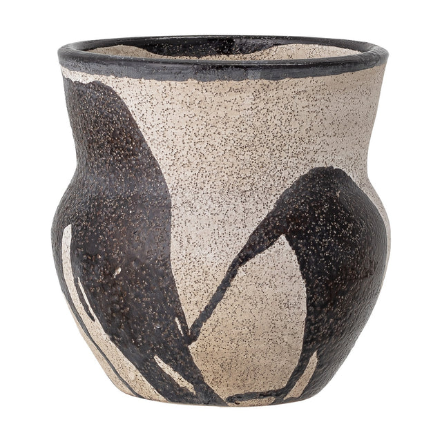 Nala Terracotta Plant Pot in black, a rounded vessel with pinched neck and flared black-edged rim, sandy speckled clay with hand-painted leaf-like black brushstrokes, on a plain white background.