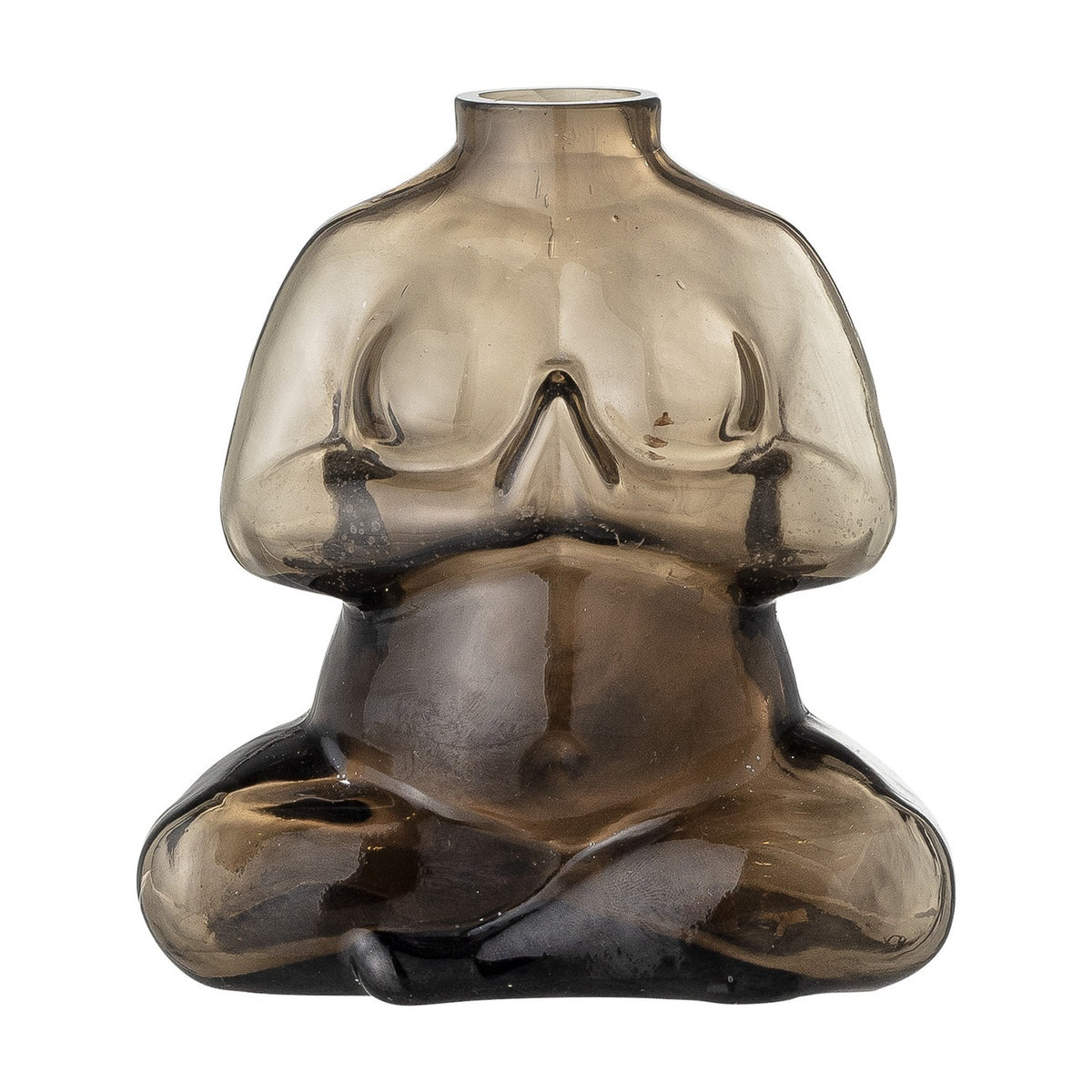 Elze Glass Vase 12.5cm in Brown, shaped as a seated figure with crossed legs and hands pressed together, translucent glass darkest at the base, on a plain white background.