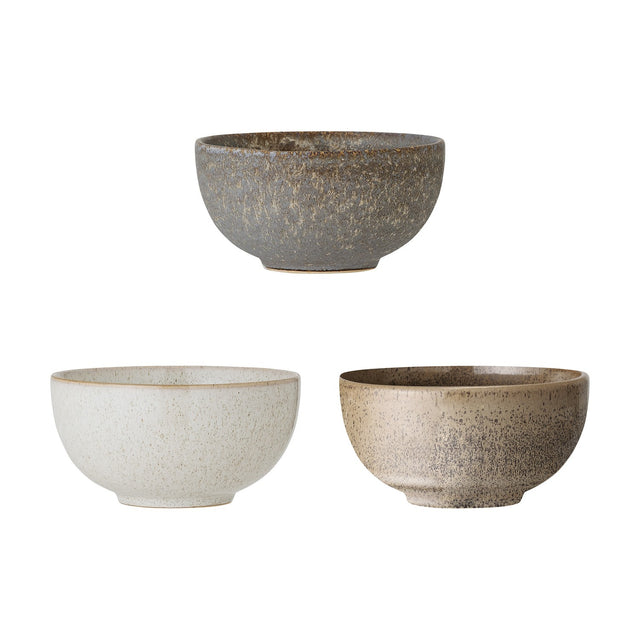 Addison Brown Speckled Stoneware Bowls, set of 3, 16cm, in dark grey, cream and brown reactive glaze finishes, shown on a plain white background.