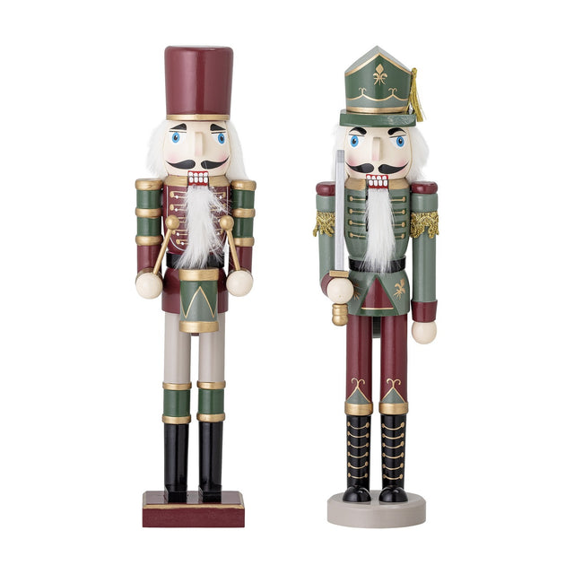 Set of 2 Darren wooden nutcracker Christmas decorations, 38cm, with white beards, painted faces, belted tunics and boots; one holds drumsticks, one a sword.