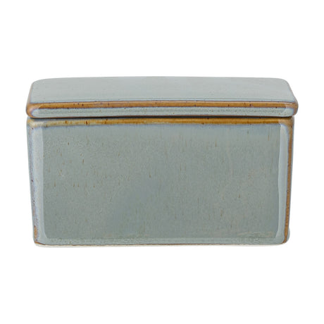 Pixie Stoneware Butter Dish in green, rectangular with a flat lid on a deep base, reactive glaze finish, shown on a plain white background.