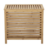 Aden Bamboo Laundry Basket in natural bamboo with slatted sides, a slatted hinged lid, visible cotton liner, and raised legs, shown on a plain white background.