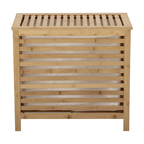 Aden Bamboo Laundry Basket in natural bamboo with slatted sides, a slatted hinged lid, visible cotton liner, and raised legs, shown on a plain white background.