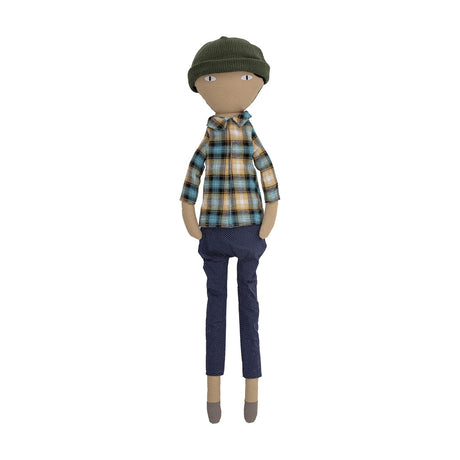 Sigge Cotton & Linen Rag Doll in blue, tall slim fabric doll with green beanie, plaid shirt, and navy polka-dot trousers, on a plain white background.