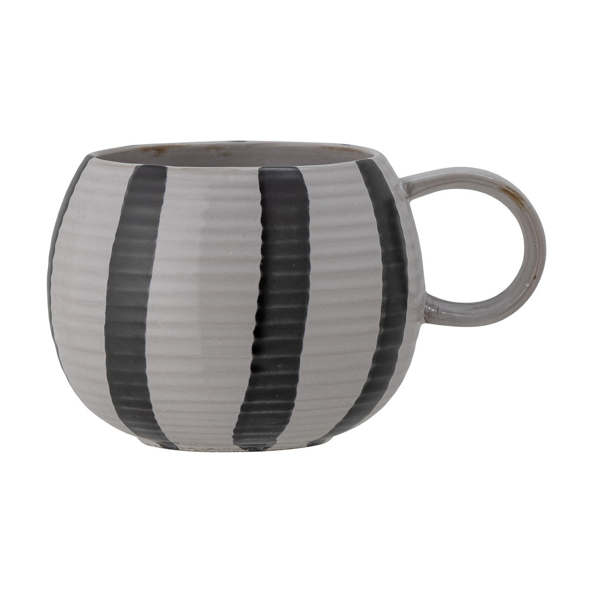 Serina Striped Stoneware Mug in grey, round bulbous shape with vertical dark stripes, ribbed texture, and a looped handle, shown on a plain white background.
