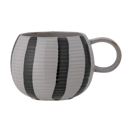 Serina Striped Stoneware Mug in grey, round bulbous shape with vertical dark stripes, ribbed texture, and a looped handle, shown on a plain white background.