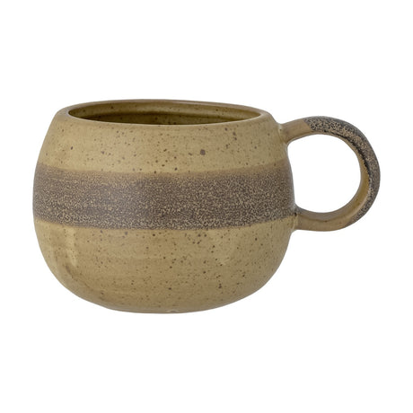 Solange Stoneware Mug 350ml in green, a rounded stoneware mug with a speckled glaze, brown mid-band, and loop handle, shown on a plain white background.