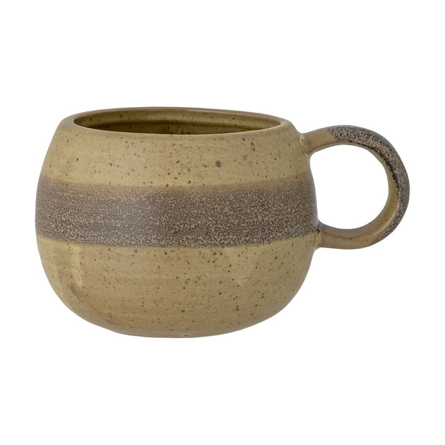 Solange Stoneware Mug 350ml in green, a rounded stoneware mug with a speckled glaze, brown mid-band, and loop handle, shown on a plain white background.