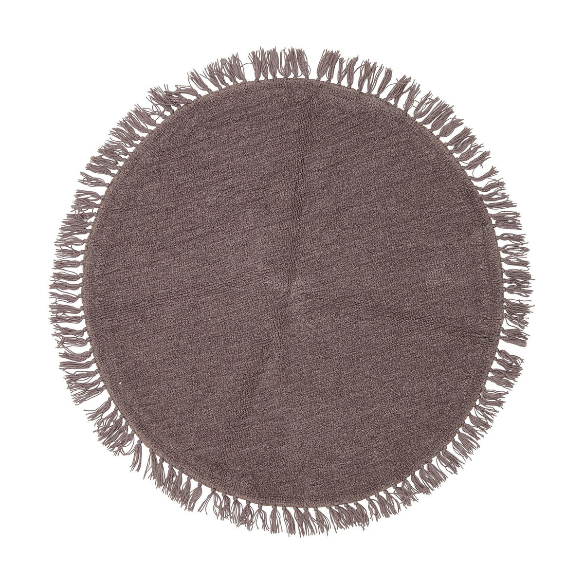 Lenea Round Wool Rug, 110cm, in purple with a tufted surface and matching fringe trim around the edge, shown on a plain white background.