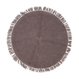 Lenea Round Wool Rug, 110cm, in purple with a tufted surface and matching fringe trim around the edge, shown on a plain white background.