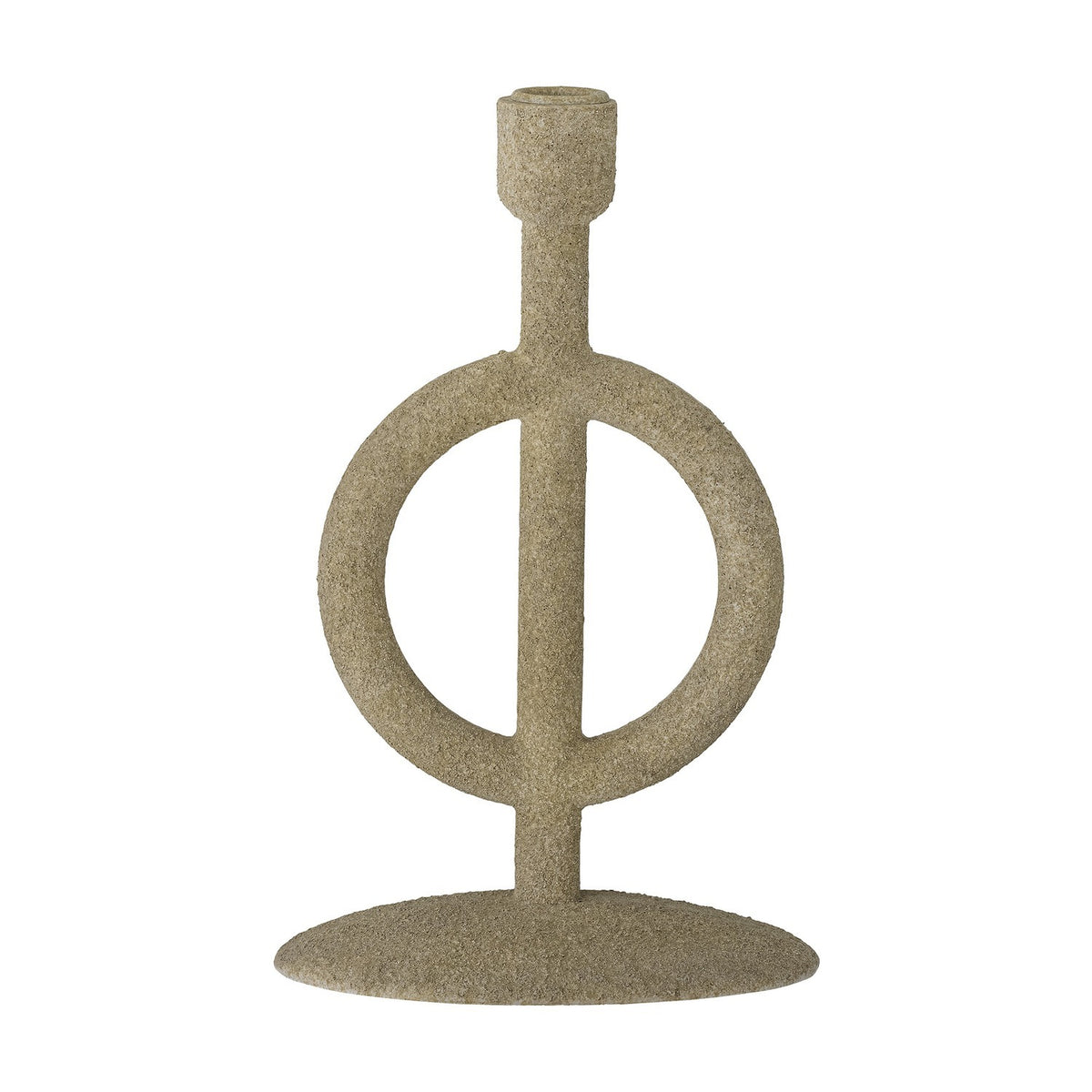 Flikka Resin Candle Holder in beige, a tall single taper holder with a slim stem through an open ring on an oval base, speckled texture, shown on a plain white background.