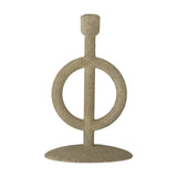 Flikka Resin Candle Holder in beige, a tall single taper holder with a slim stem through an open ring on an oval base, speckled texture, shown on a plain white background.