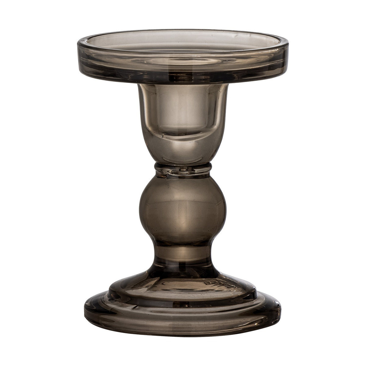 Joslyn Glass Candle Holder in grey, with a wide rimmed dish atop a cupped neck, slim collar, rounded ball stem and stepped round foot, on a plain white background.