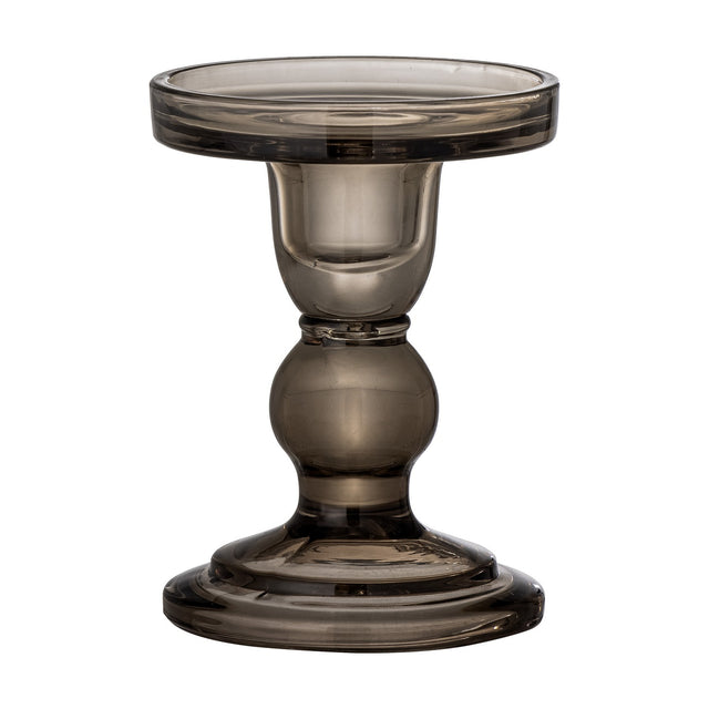 Joslyn Glass Candle Holder in grey, with a wide rimmed dish atop a cupped neck, slim collar, rounded ball stem and stepped round foot, on a plain white background.