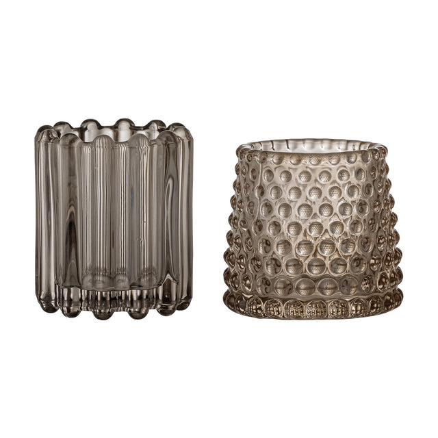 Rosslin Glass Tealight Holders Set of 2 in brown, one with ribbed vertical flutes and a scalloped rim, the other wider with an all-over raised dot texture, on a plain white background.
