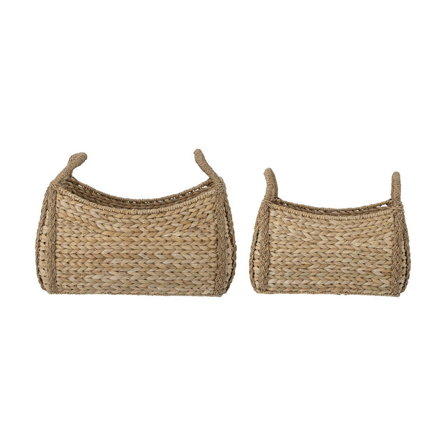 Selma Baskets Set of 2 in beige bankuan grass, rectangular woven bodies with braided corners and loop handles, two sizes shown on a plain white background.