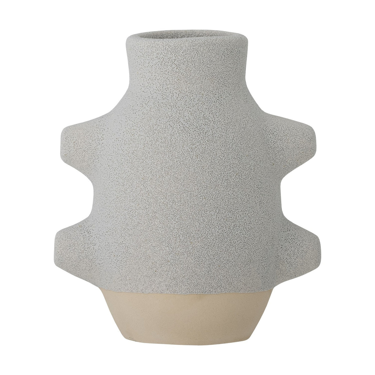 Birka Ceramic Vase 16cm in grey, a small textured ceramic vase with a narrow neck, cog-like stepped sides, and a plain sand-coloured base, shown on a white background.