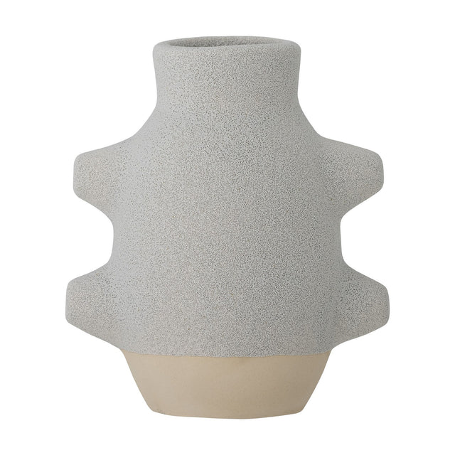 Birka Ceramic Vase 16cm in grey, a small textured ceramic vase with a narrow neck, cog-like stepped sides, and a plain sand-coloured base, shown on a white background.