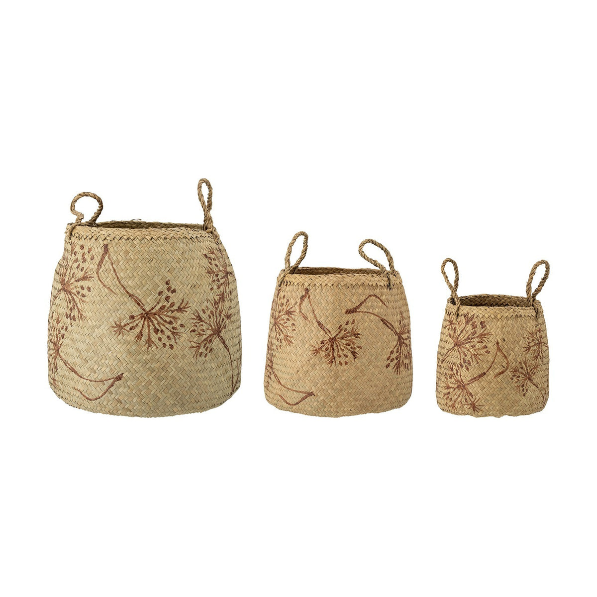 Molli Seagrass Baskets Set of 3 in natural woven seagrass, rounded shapes with twisted loop handles, shown in three graduated sizes on a plain white background.