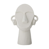 Luelle Resin Ornament in white: a sculpted head figurine with an oval face, strong brow, wedge nose, no mouth, coiled hoop earrings, and a tall neck base, shown on a plain white background.