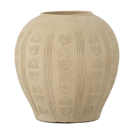 Taym Terracotta Vase 20cm in natural, a round bulbous vase with a narrow rim and carved vertical bands of arched line patterns, shown on a plain white background.