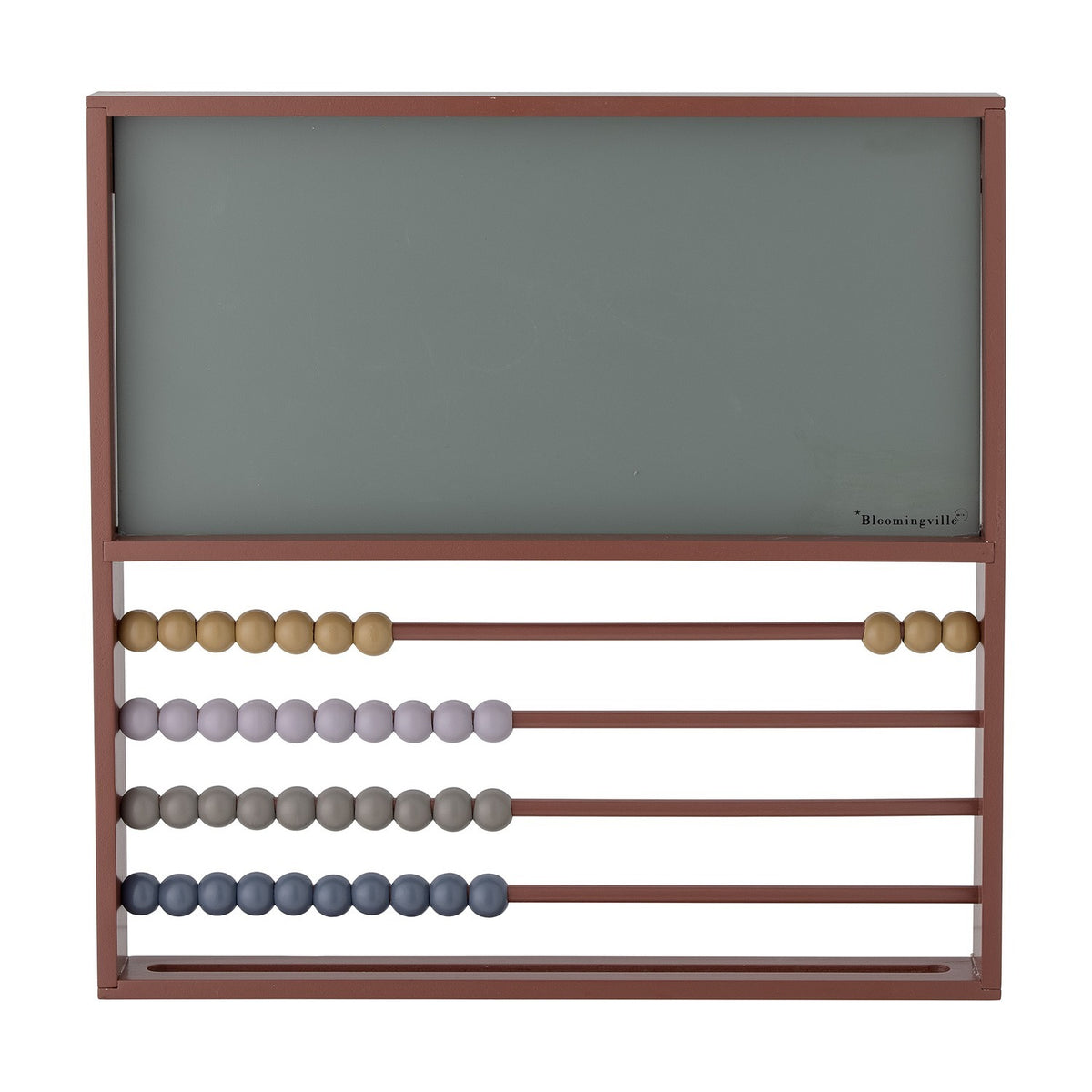 Marcello Wooden Abacus in Green, a wall-mounted wooden frame with a green chalkboard panel above four rows of coloured wooden counting beads, set against a white background.