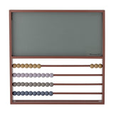 Marcello Wooden Abacus in Green, a wall-mounted wooden frame with a green chalkboard panel above four rows of coloured wooden counting beads, set against a white background.