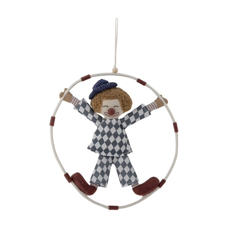 Alfredo Cotton Baby Mobile in Multi, a clown figure in diamond-print outfit with fuzzy brown hair inside a round fabric hoop with red accents, shown hanging against a white background.