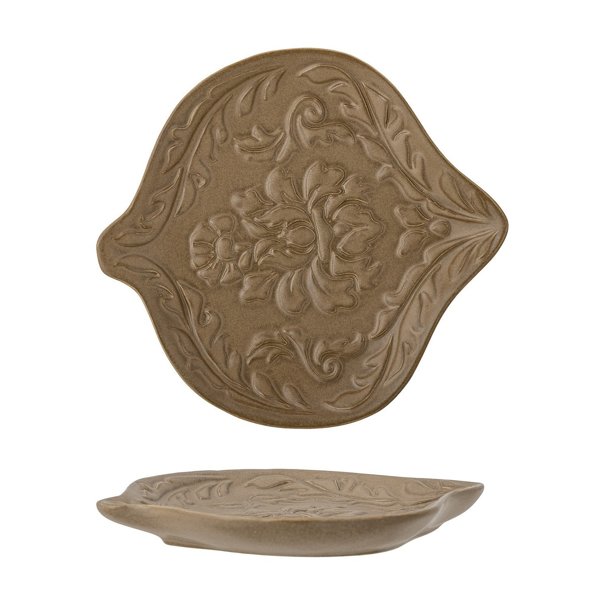 Lizz Floral Stoneware Bowl 18x16cm in brown, a shallow leaf-shaped dish with raised floral and scroll motifs, shown from above and in profile on a white background.