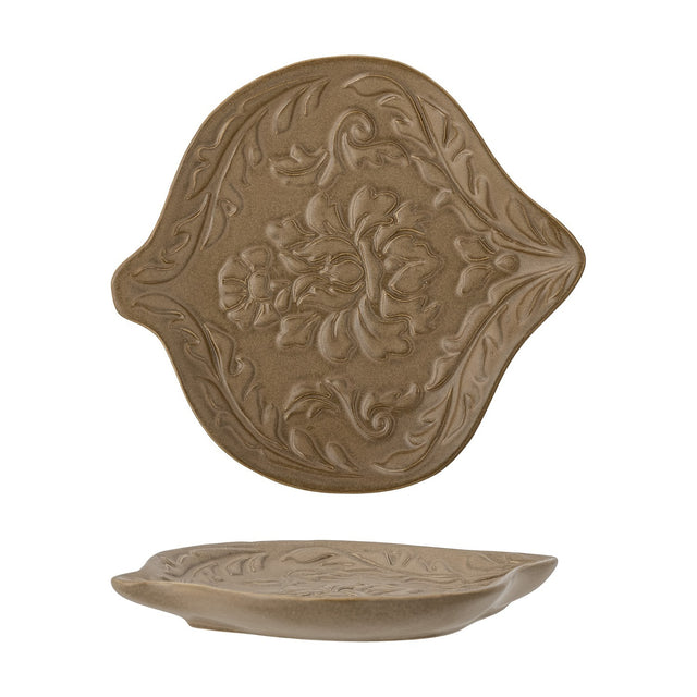 Lizz Floral Stoneware Bowl 18x16cm in brown, a shallow leaf-shaped dish with raised floral and scroll motifs, shown from above and in profile on a white background.