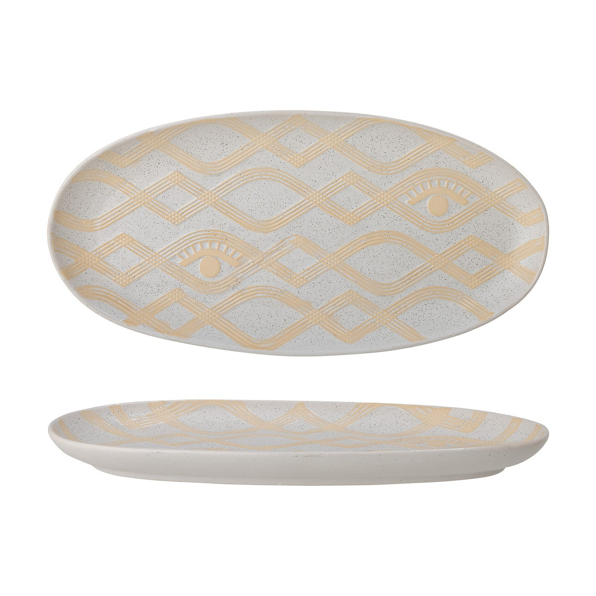 Newa Stoneware Tray in White, oval shape with low rim, speckled glaze and wavy diamond pattern with two eye motifs, shown top and side view on a white background.