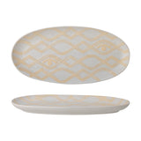 Newa Stoneware Tray in White, oval shape with low rim, speckled glaze and wavy diamond pattern with two eye motifs, shown top and side view on a white background.