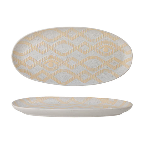 Newa Stoneware Tray in White, oval shape with low rim, speckled glaze and wavy diamond pattern with two eye motifs, shown top and side view on a white background.